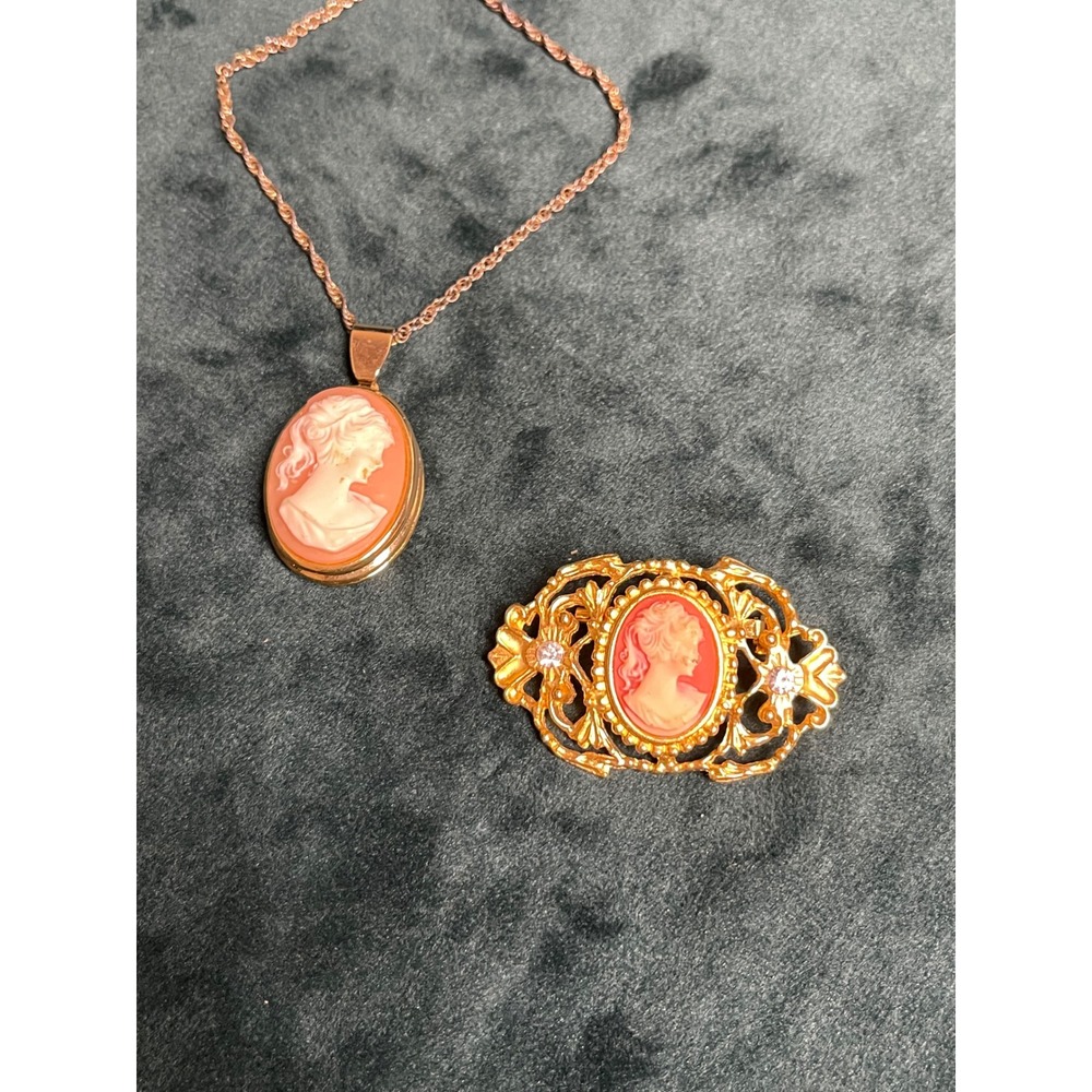 Vintage Cameo Jewelry Set MJ Ent Gold Tone Locket Necklace and Filigree Brooch